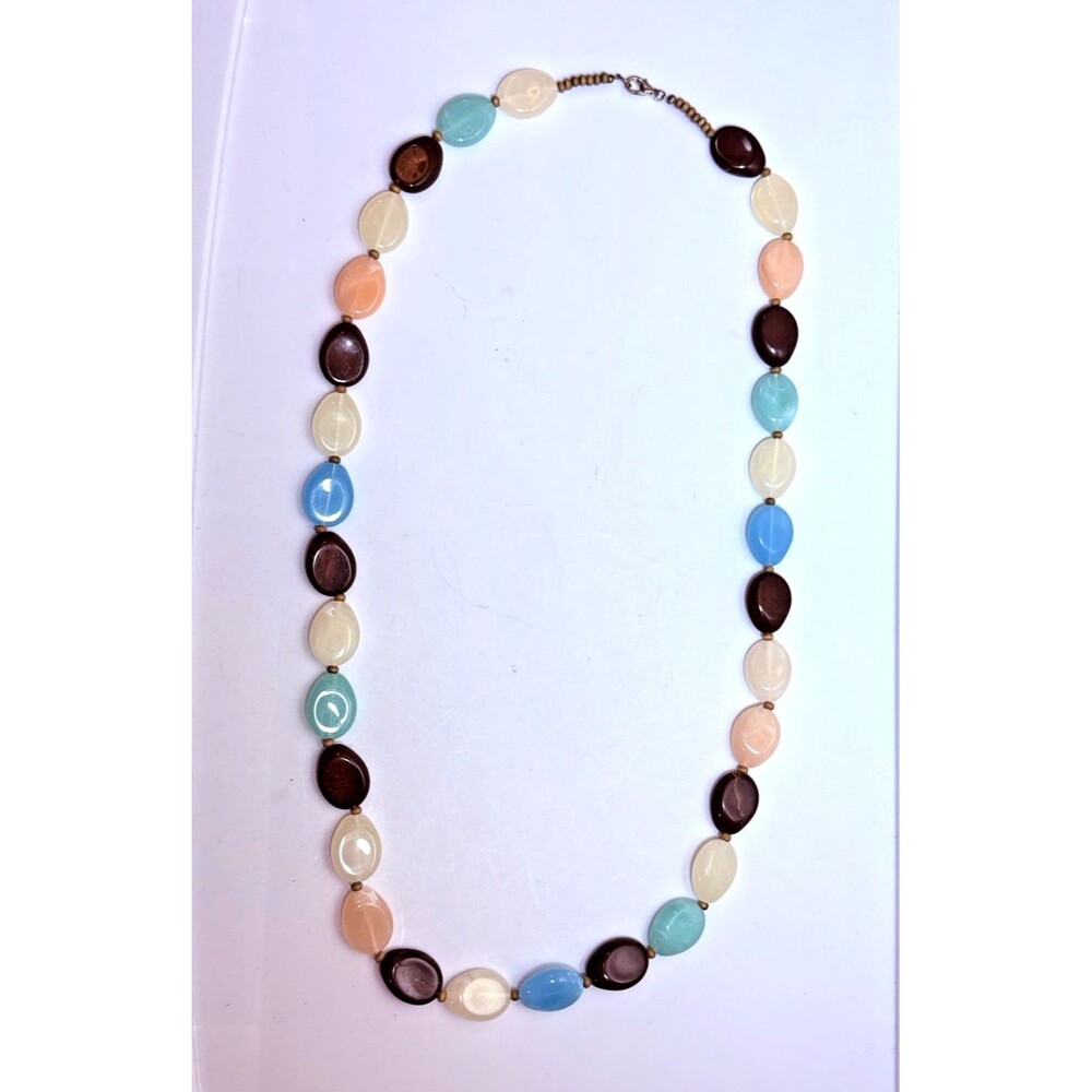 Vintage Retro Paste Resin Faux Stone Bead Necklace 36" Long W/ Small Wood Beads